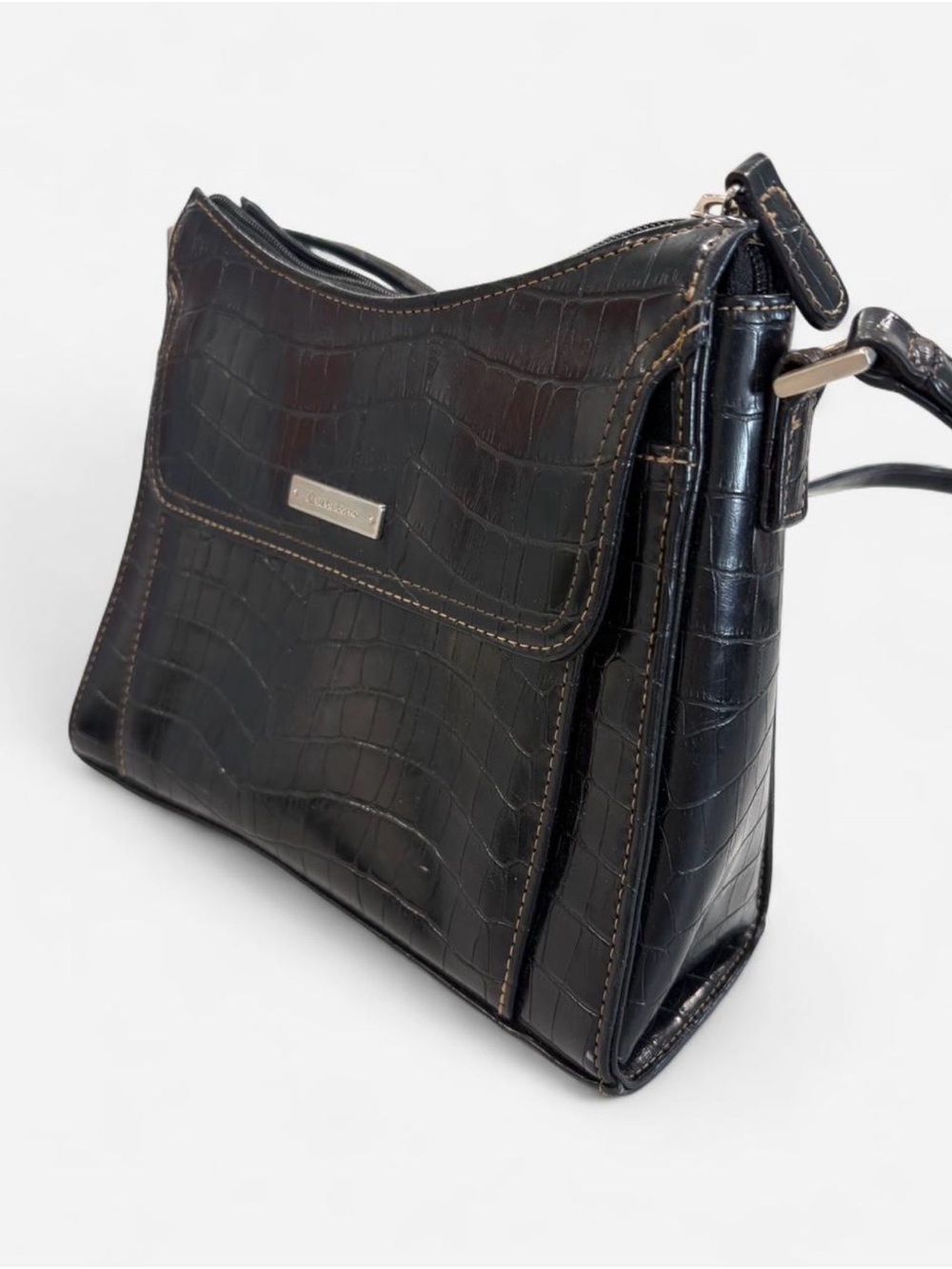 Liz Claiborne Black Croc-Embossed Crossbody Bag with Silver Accent